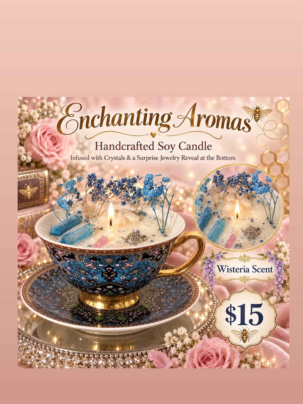 Handcrafted Soy Candle - Wisteria Scent in Blue Teacup